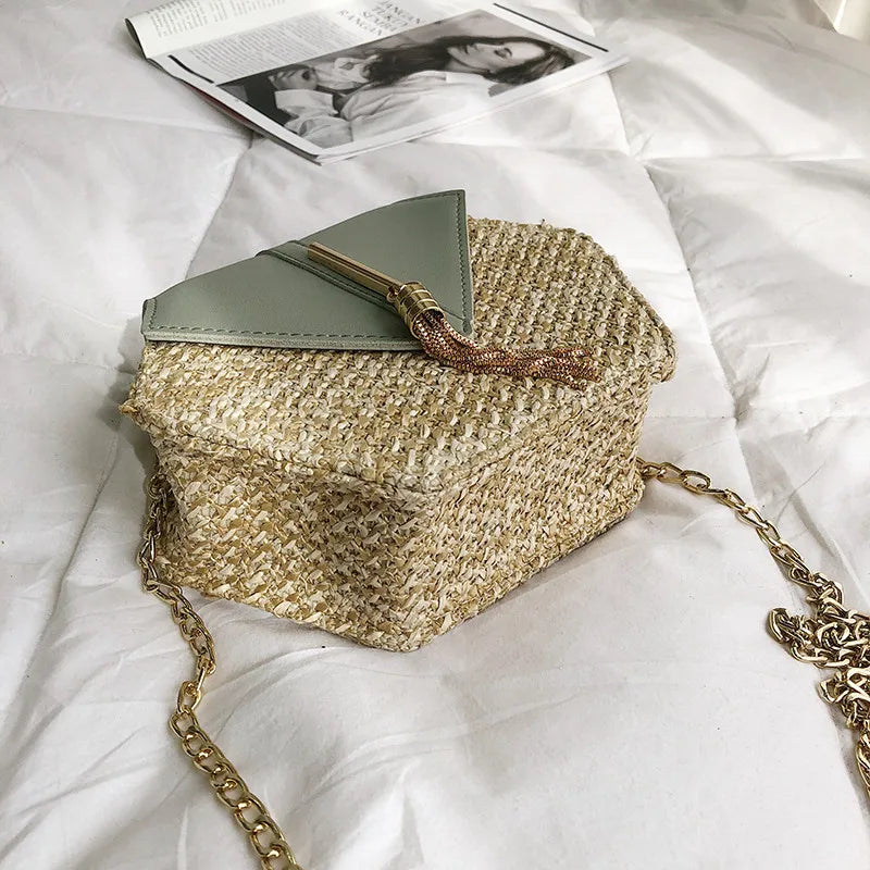 Sac à main hexagonal en paille et cuir pour femme sac d'été tressé style rotin