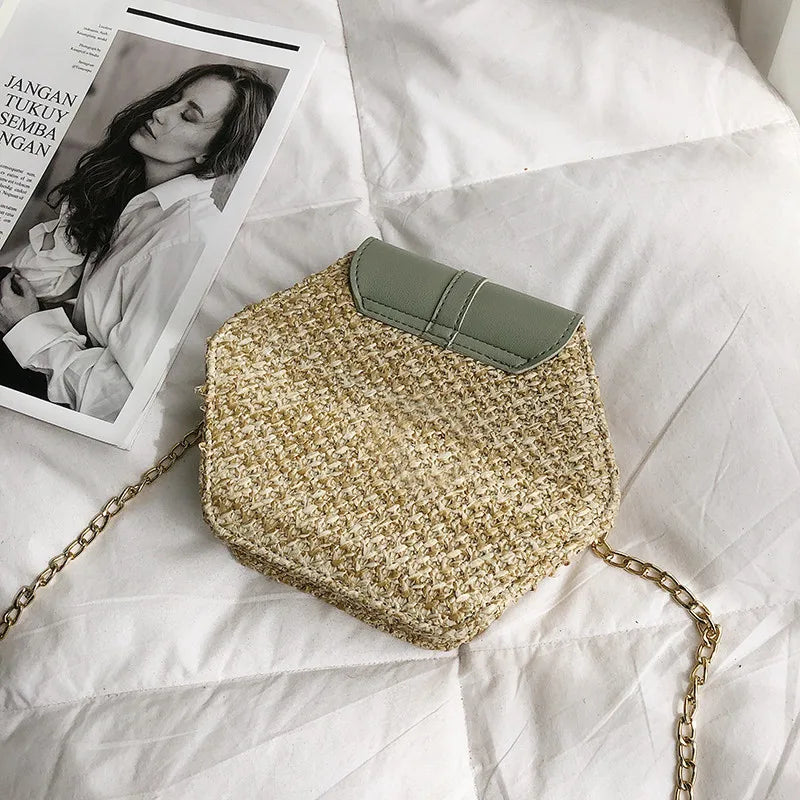 Sac à main hexagonal en paille et cuir pour femme sac d'été tressé style rotin