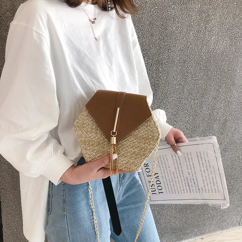 Sac à main hexagonal en paille et cuir pour femme sac d'été tressé style rotin