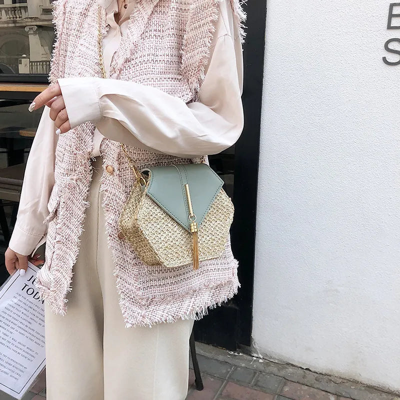 Sac à main hexagonal en paille et cuir pour femme sac d'été tressé style rotin