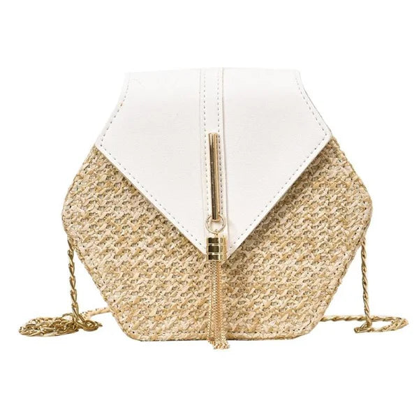 Sac à main hexagonal en paille et cuir pour femme sac d'été tressé style rotin