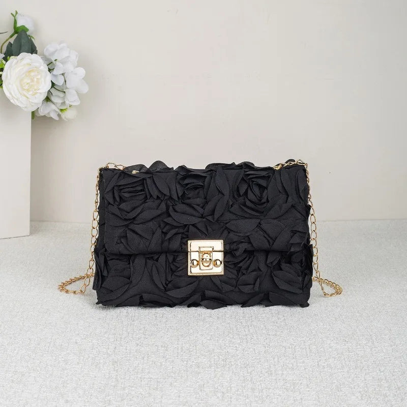 Sac à main de soirée en satin fleuri 3D pochette élégante avec chaîne amovible