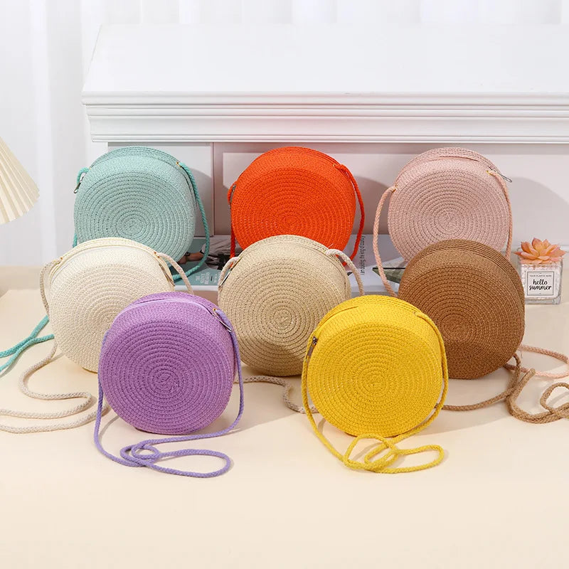 Sac rond en paille tressée pour femme Sac bandoulière d'été style rotin