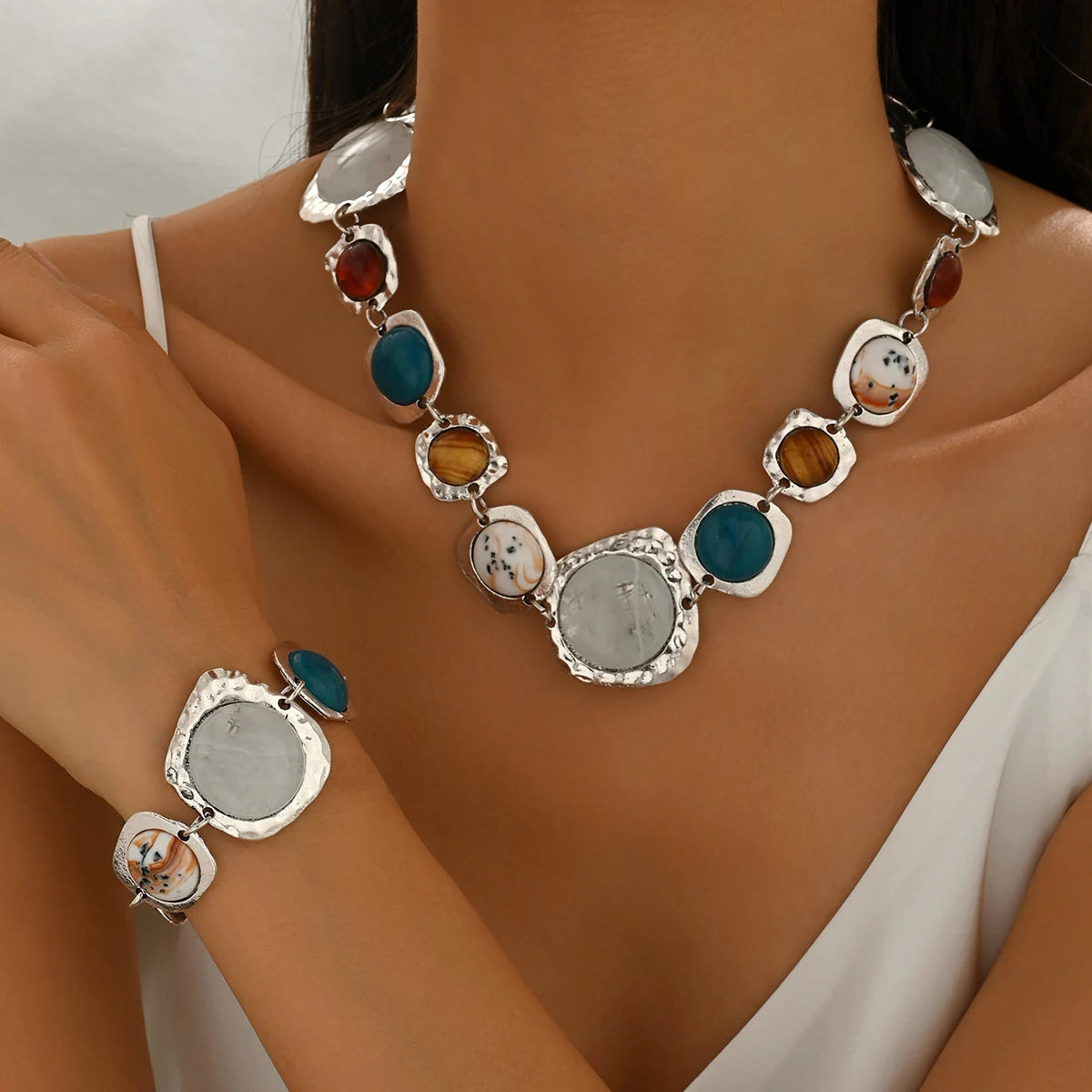 Ensemble Collier & Bracelet Géométrique Multicolore Femme Bohème Chic - NatyGlam's