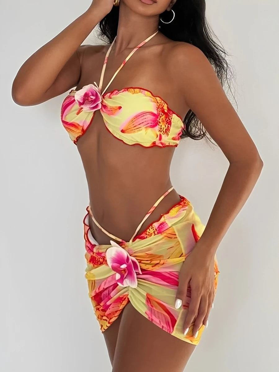 Maillot de bain bandeau 3D à fleurs pour femme bikini 3 pièces rembourré collection 2026