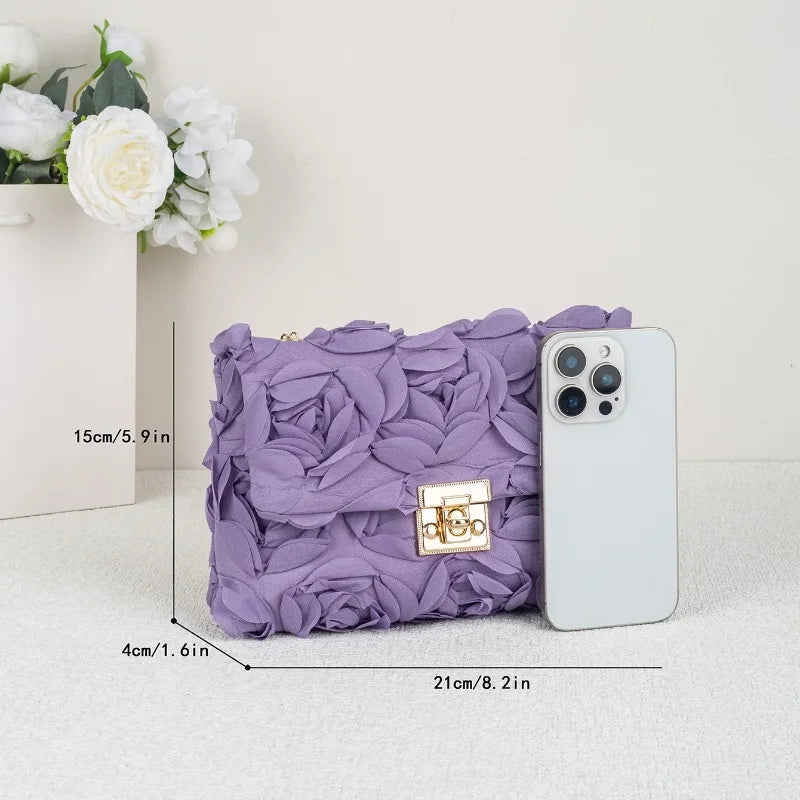 Sac à main de soirée en satin fleuri 3D pochette élégante avec chaîne amovible