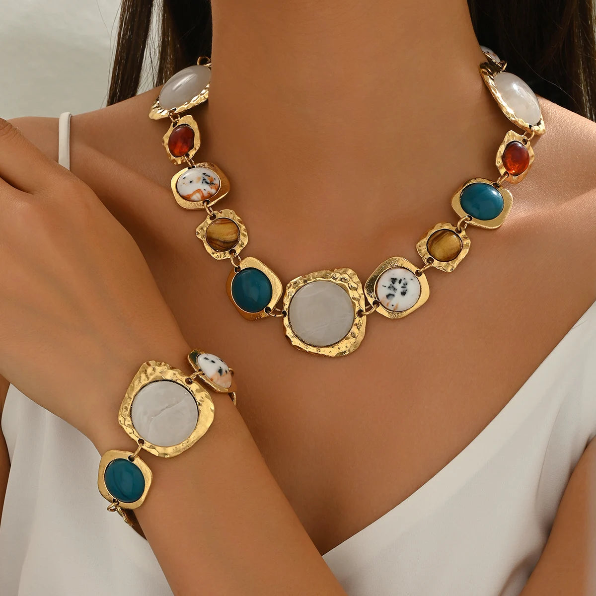 Ensemble Collier & Bracelet Géométrique Multicolore Femme Bohème Chic - NatyGlam's