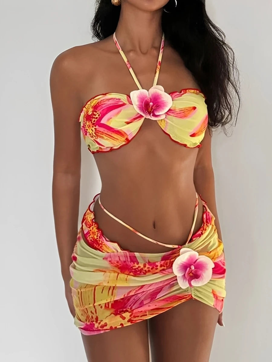 Maillot de bain bandeau 3D à fleurs pour femme bikini 3 pièces rembourré collection 2026