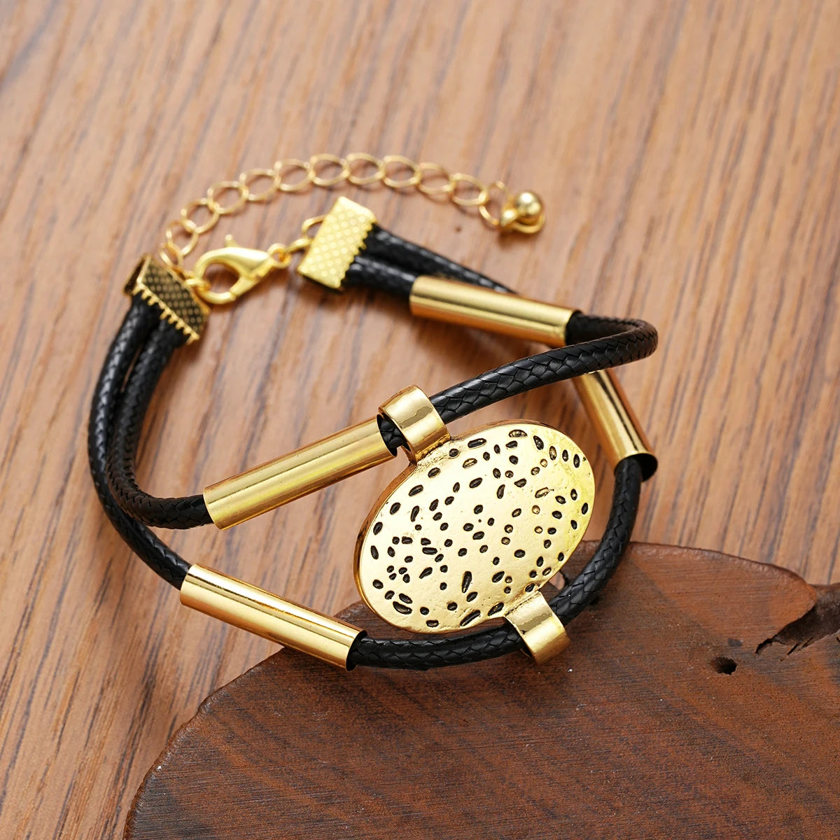 Ensemble Collier et Bracelet Vintage en Faux Cuir avec Pendentif Ovale - NatyGlam's
