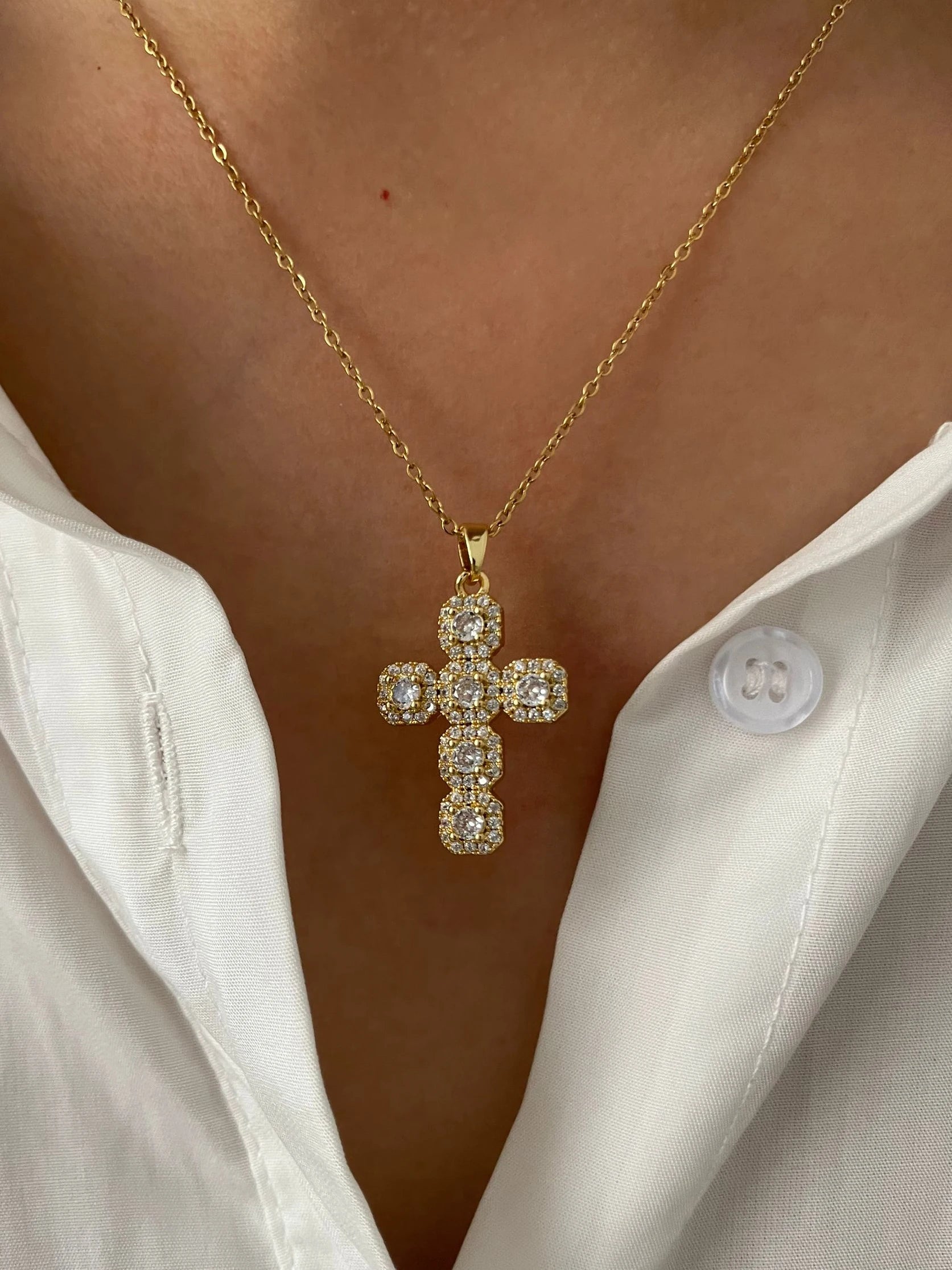 Collier Croix Elégance Zirconia Doré et Argent Femme acier inoxydable