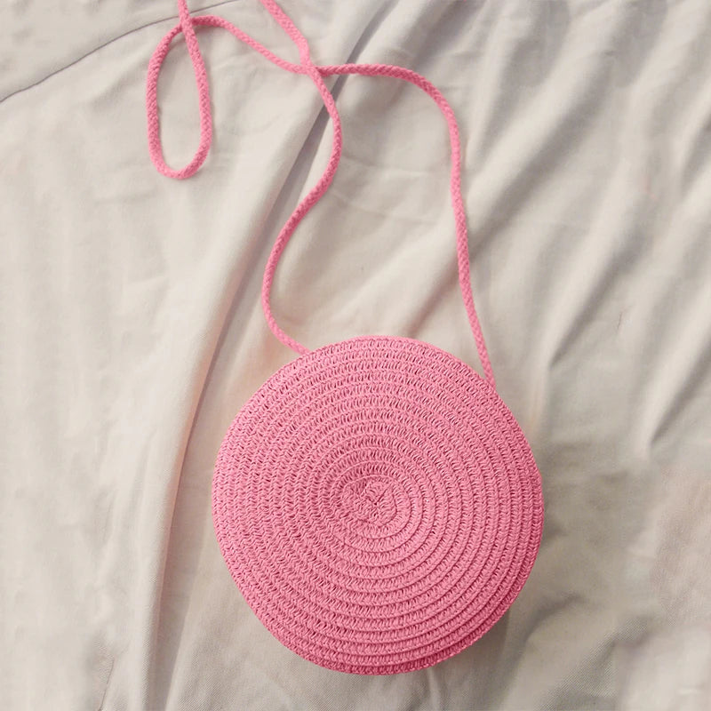 Sac rond en paille tressée pour femme Sac bandoulière d'été style rotin
