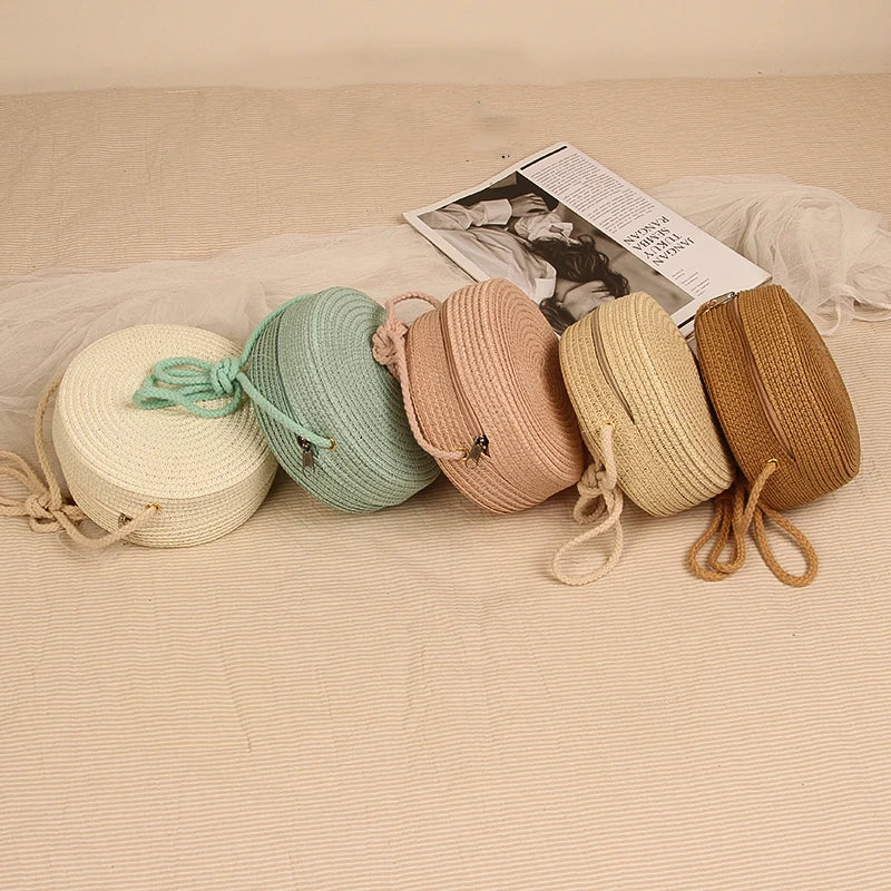 Sac rond en paille tressée pour femme Sac bandoulière d'été style rotin