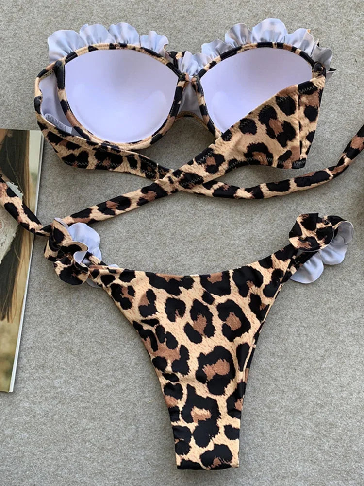 Maillot de bain bikini bandeau femme  à volants léopard push-up 2 pièces