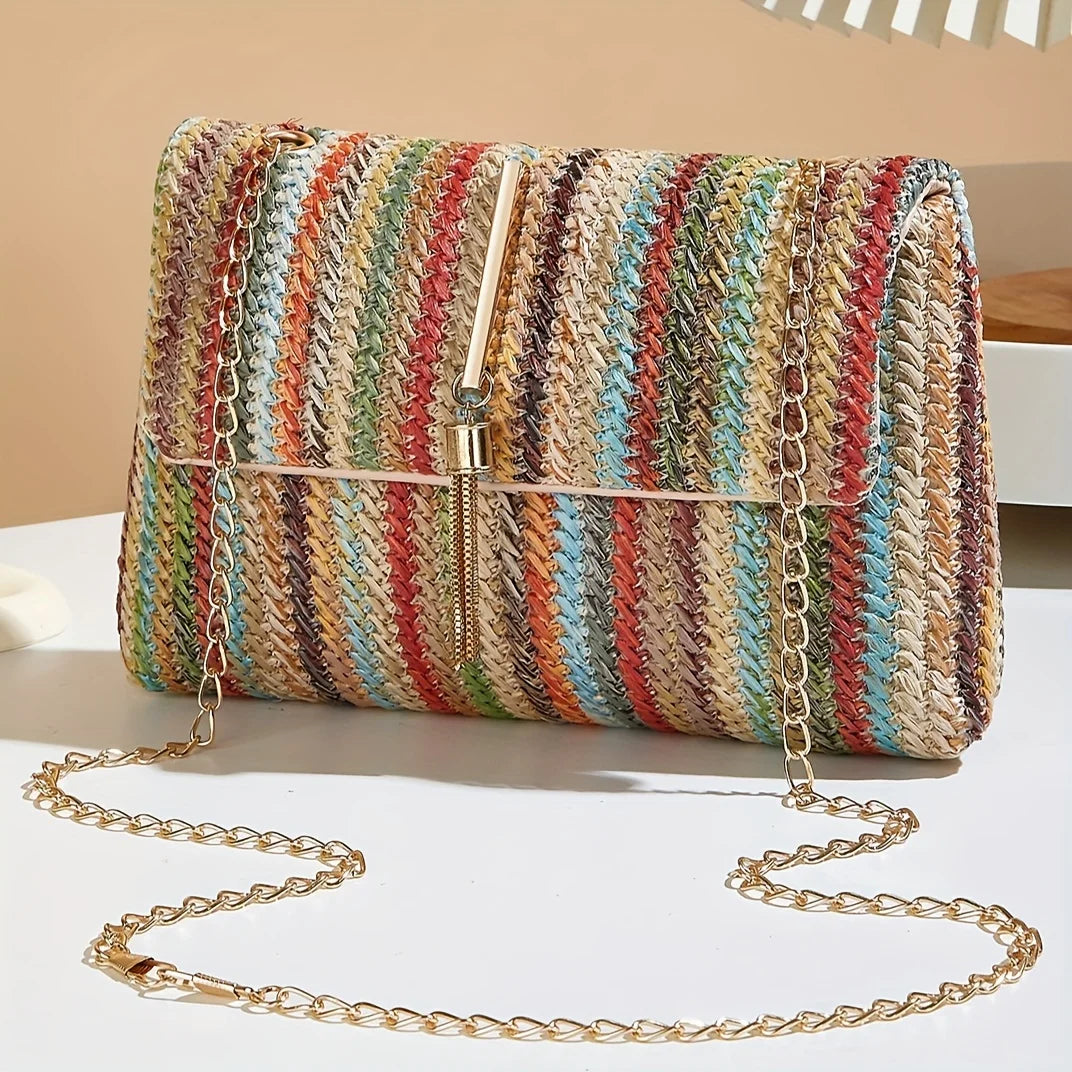 Sac à main bandoulière femme en paille arc-en-ciel chic collection été 2026