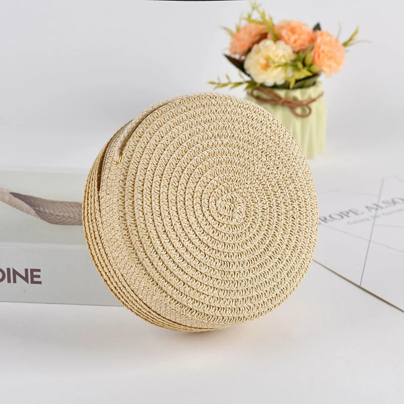 Sac rond en paille tressée pour femme Sac bandoulière d'été style rotin