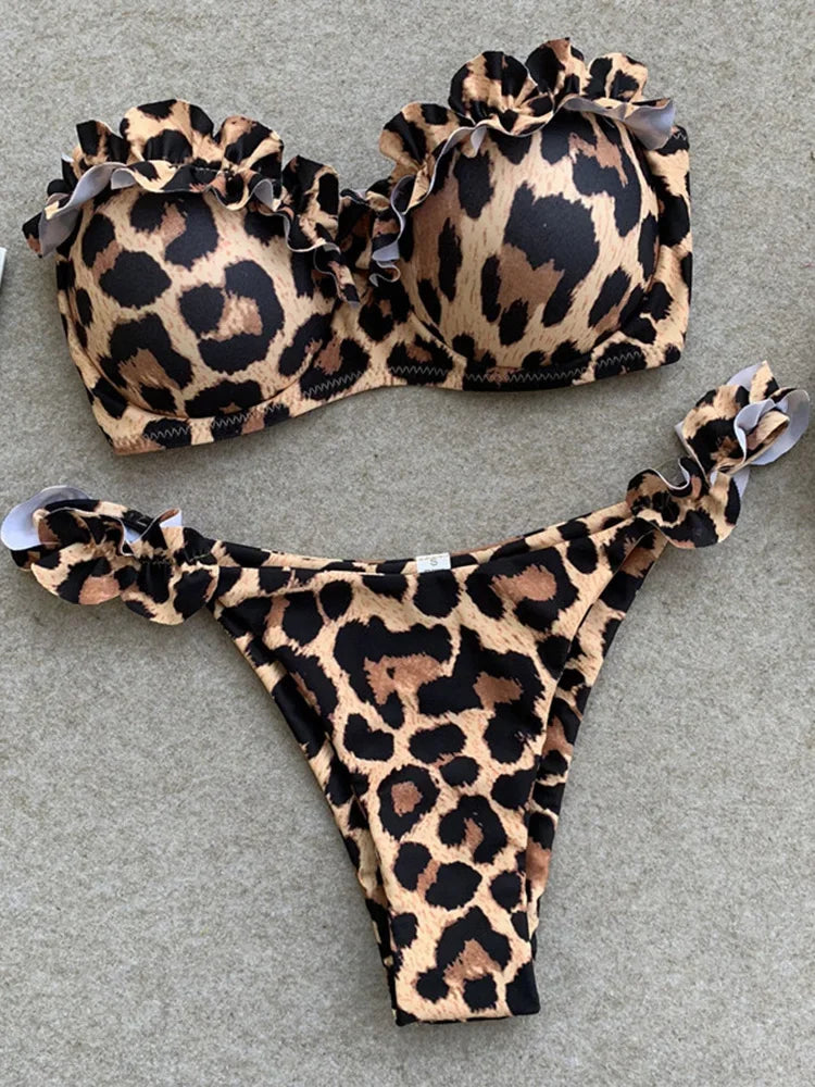Maillot de bain bikini bandeau femme  à volants léopard push-up 2 pièces