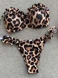 Maillot de bain bikini bandeau femme  à volants léopard push-up 2 pièces