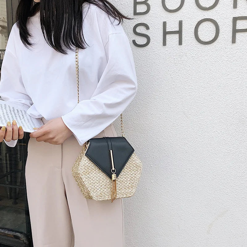 Sac à main hexagonal en paille et cuir pour femme sac d'été tressé style rotin