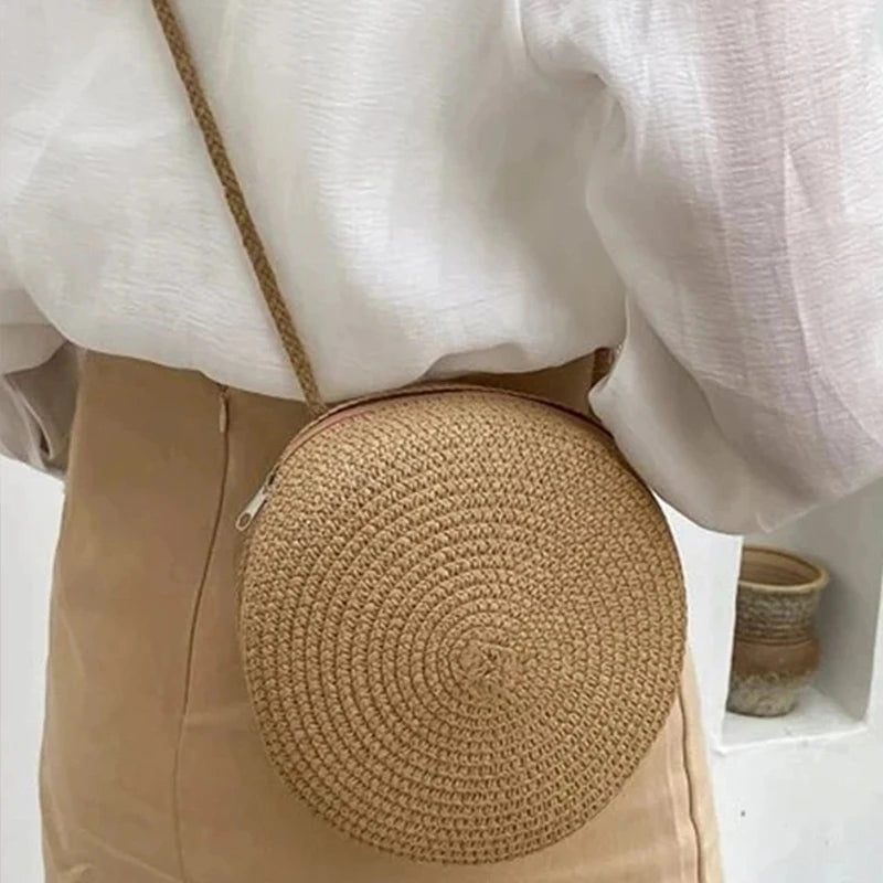 Sac rond en paille tressée pour femme Sac bandoulière d'été style rotin