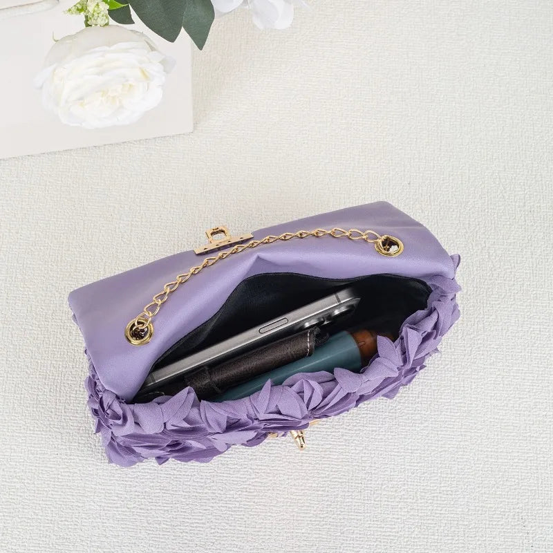 Sac à main de soirée en satin fleuri 3D pochette élégante avec chaîne amovible