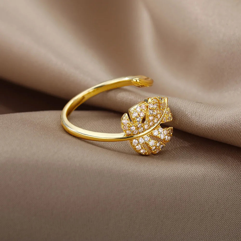 Bague Ajustable Feuille de Palmier Dorée avec Zircon - NatyGlam's