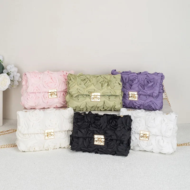 Sac à main de soirée en satin fleuri 3D pochette élégante avec chaîne amovible