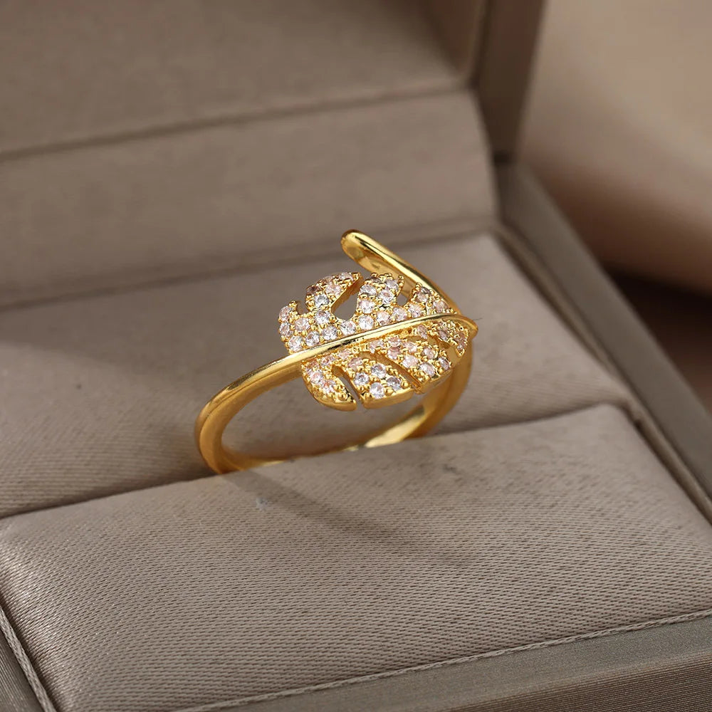 Bague Ajustable Feuille de Palmier Dorée avec Zircon - NatyGlam's