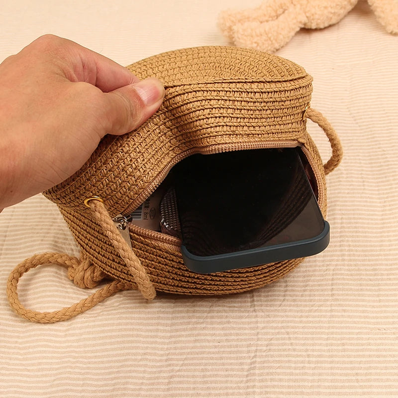 Sac rond en paille tressée pour femme Sac bandoulière d'été style rotin
