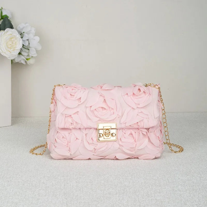 Sac à main de soirée en satin fleuri 3D pochette élégante avec chaîne amovible
