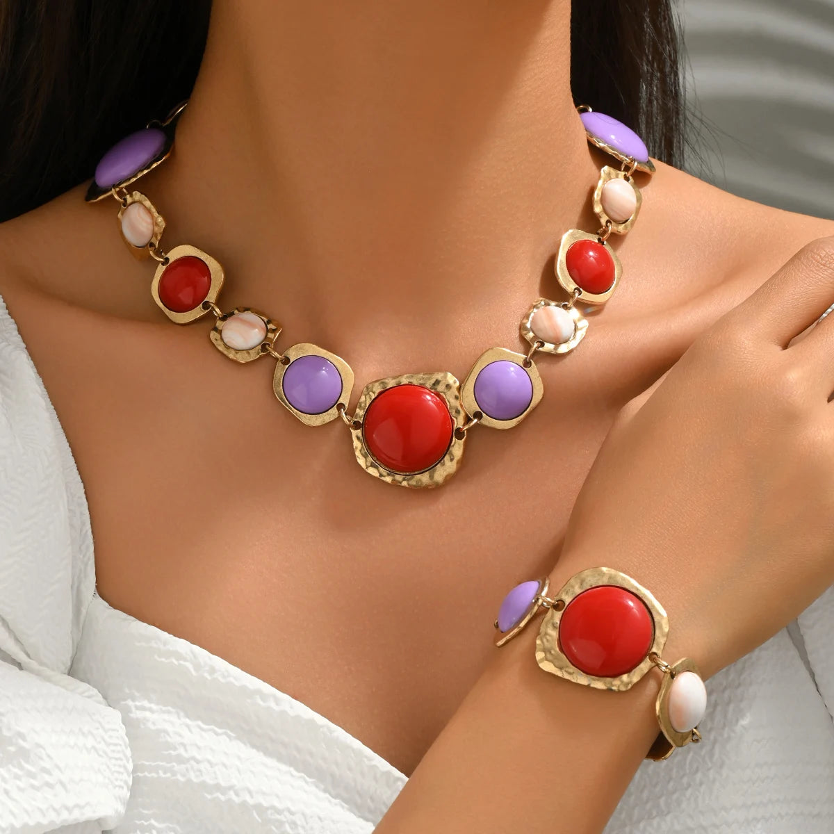 Ensemble Collier & Bracelet Géométrique Multicolore Femme Bohème Chic - NatyGlam's