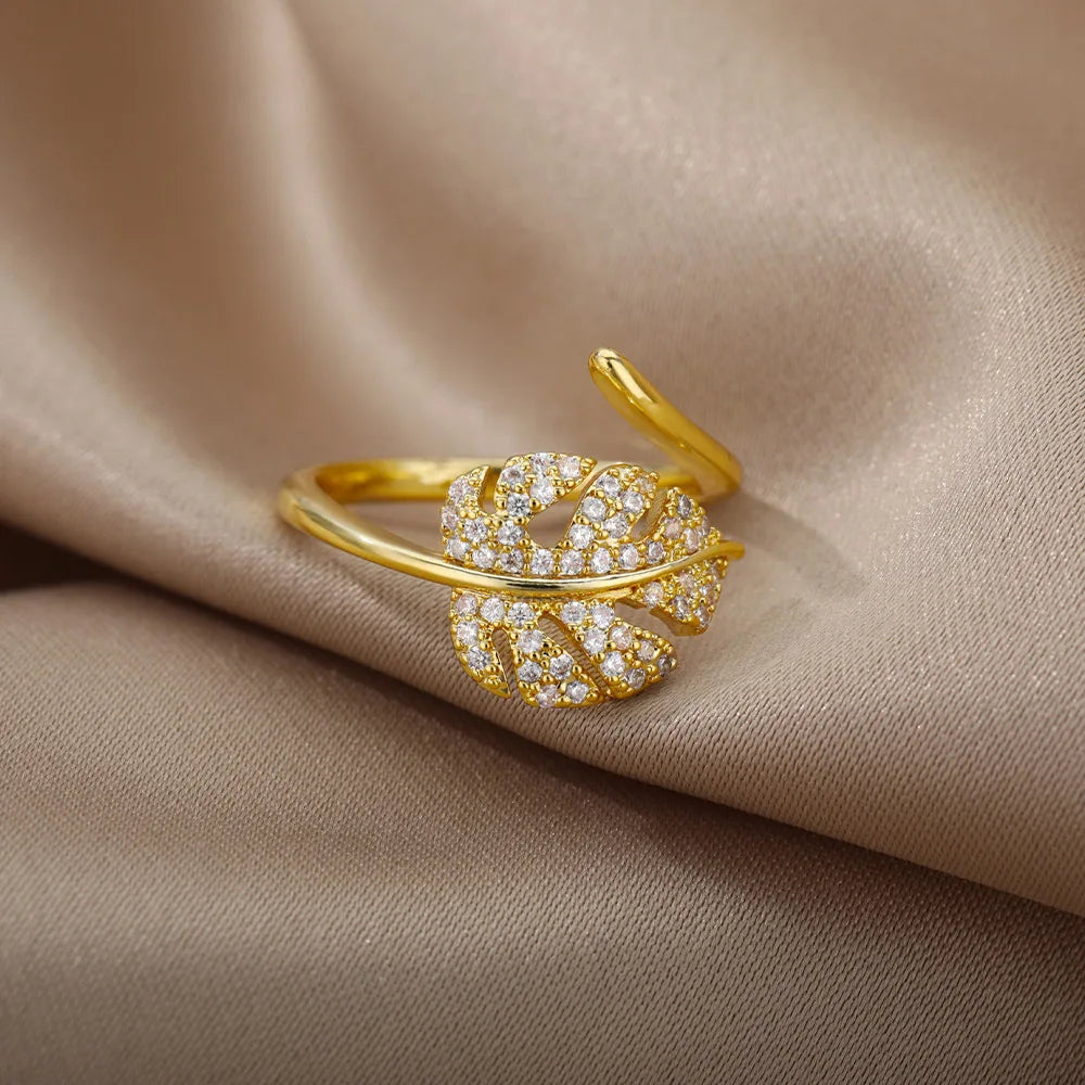 Bague Ajustable Feuille de Palmier Dorée avec Zircon - NatyGlam's