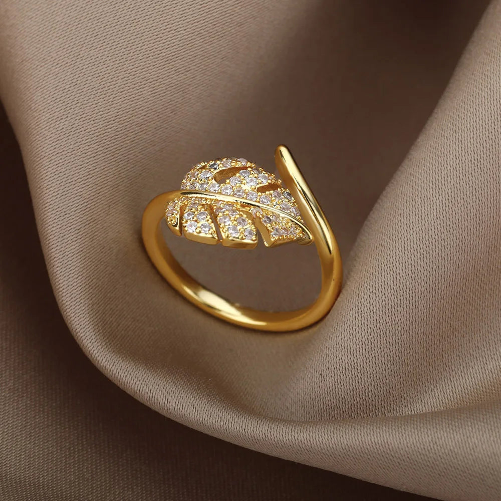 Bague Ajustable Feuille de Palmier Dorée avec Zircon - NatyGlam's