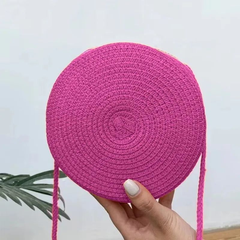 Sac rond en paille tressée pour femme Sac bandoulière d'été style rotin