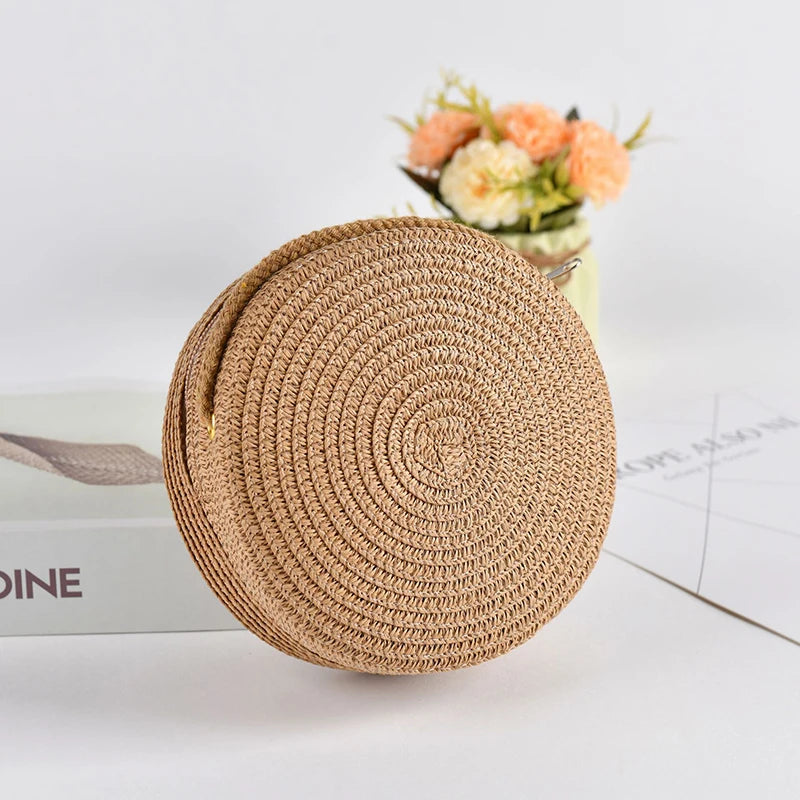 Sac rond en paille tressée pour femme Sac bandoulière d'été style rotin