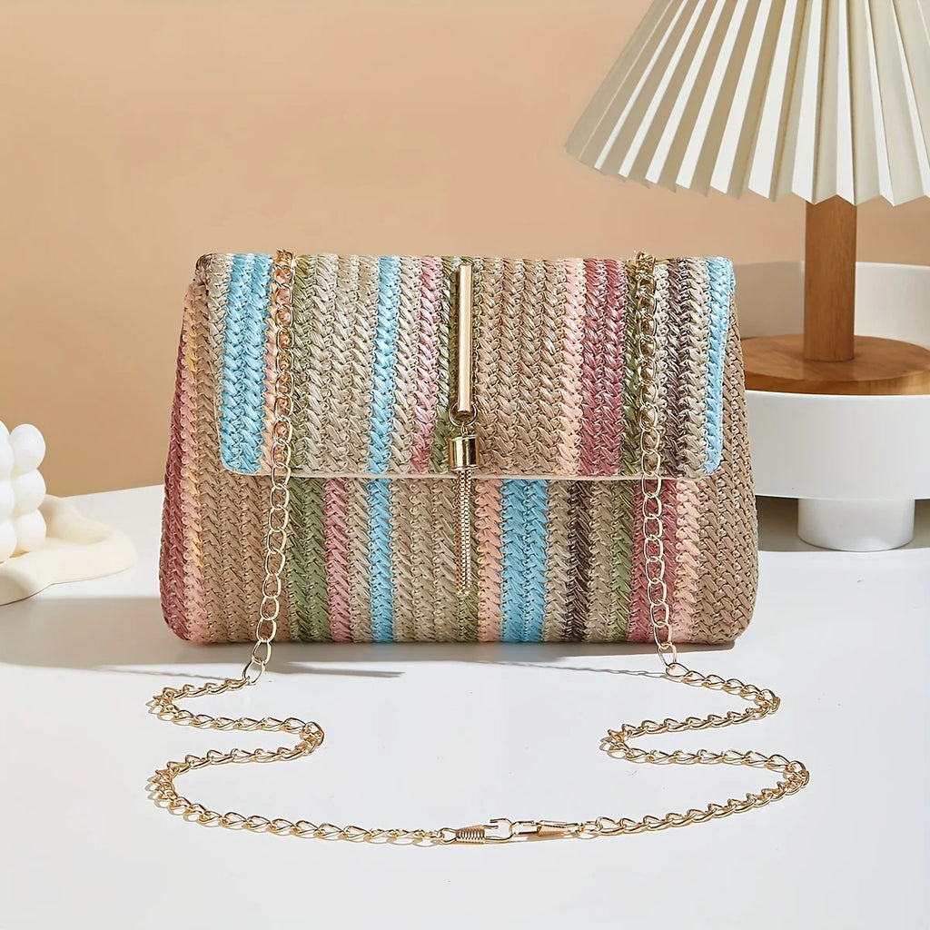 Sac à main bandoulière femme en paille arc-en-ciel chic collection été 2026