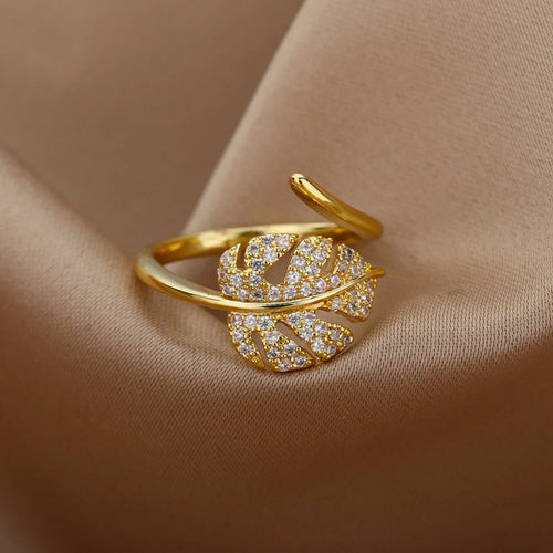 Bague Ajustable Feuille de Palmier Dorée avec Zircon - NatyGlam's