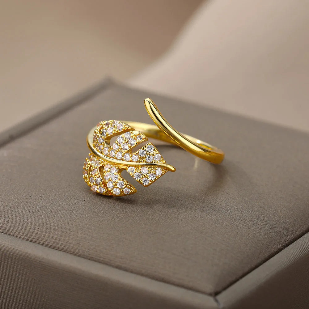 Bague Ajustable Feuille de Palmier Dorée avec Zircon - NatyGlam's