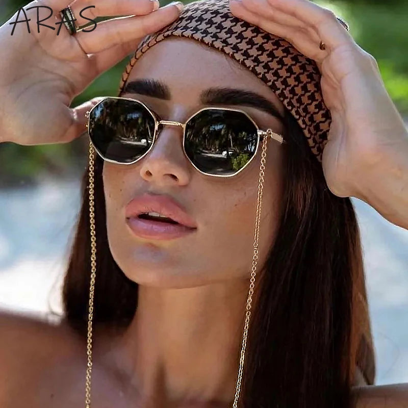 Lunettes de soleil polygonales femme avec chaîne tendance UV400 - NatyGlam's