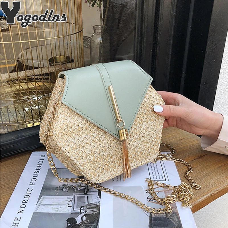 Sac à main hexagonal en paille et cuir pour femme sac d'été tressé style rotin